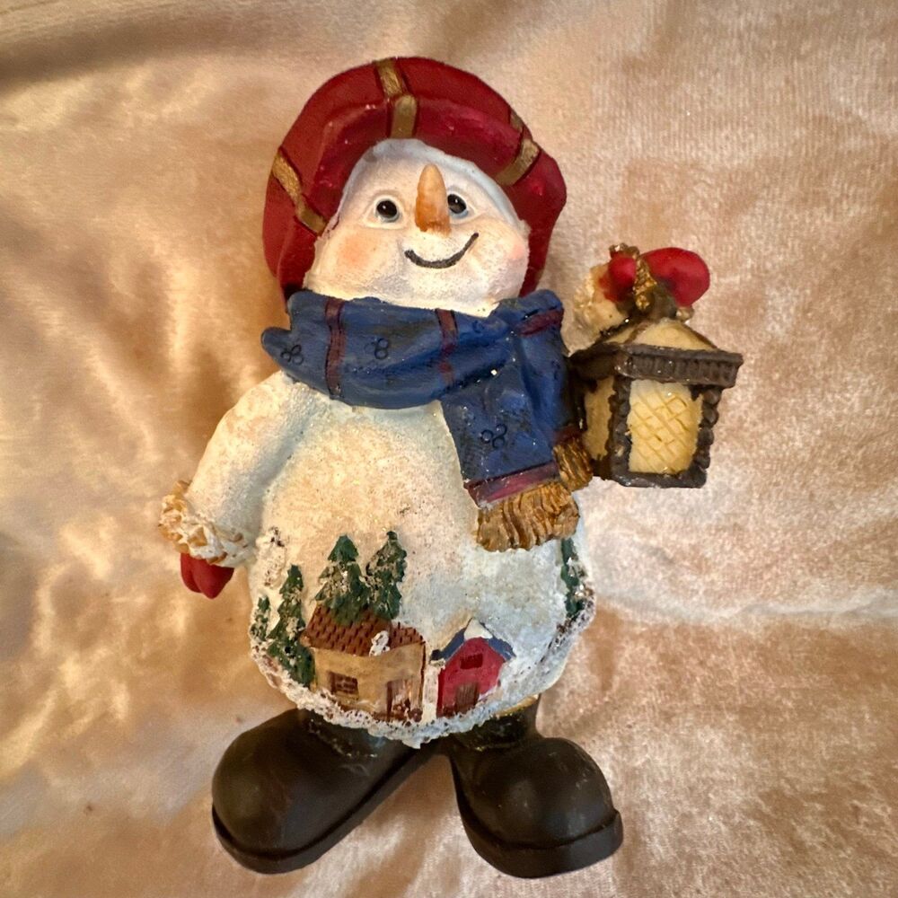 Vintage 5" Snowman Figurine with Winter Scene with Lantern and Red Hat